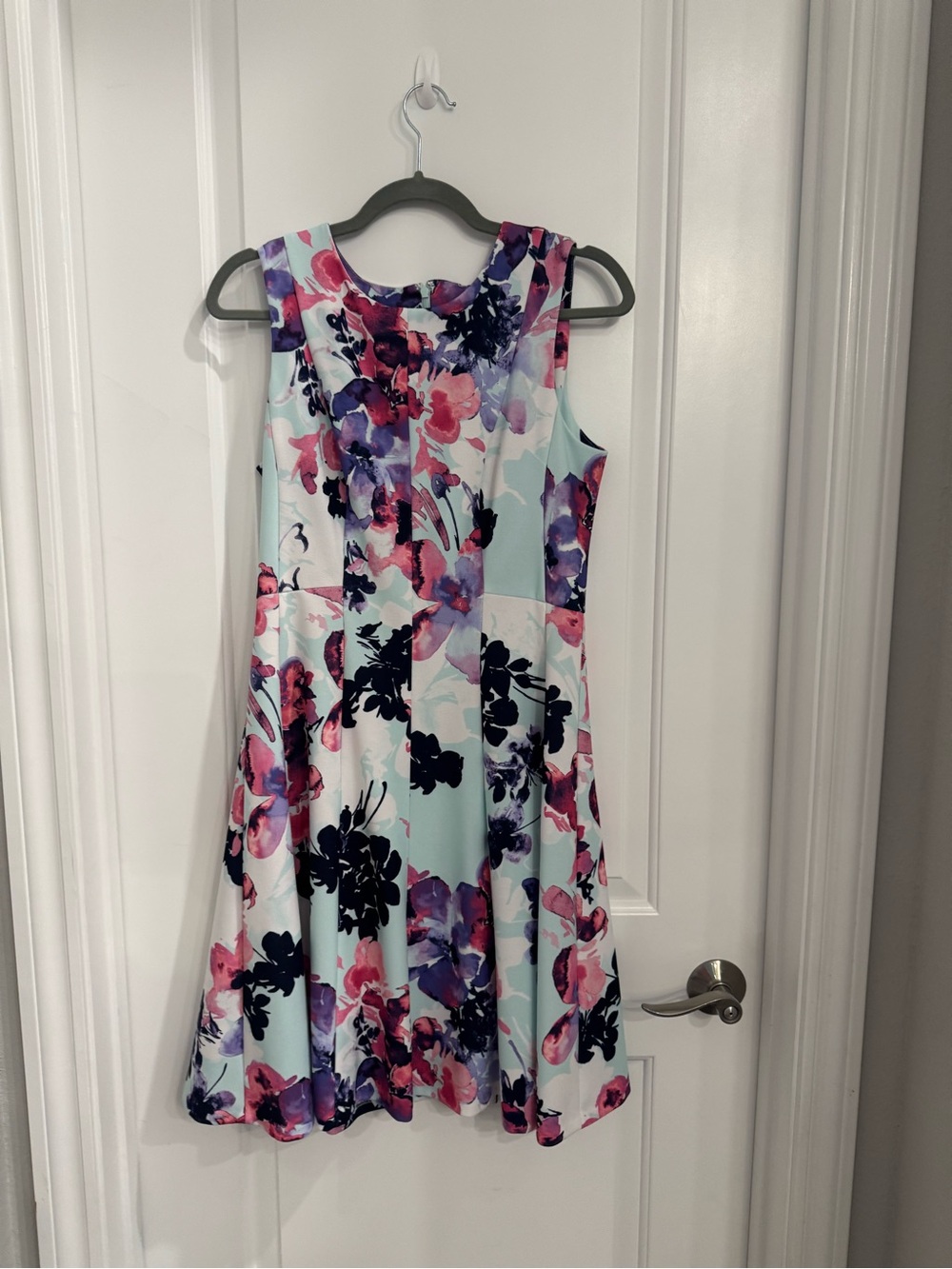 DKNY Sleeveless Floral Fit & Flare Dress in Mint, Pink & Navy